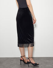Tia Velvet Tassel Midi Skirt, Black (BLACK), large