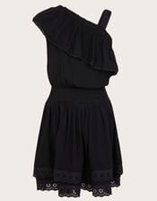 Asymmetrical Broderie Frill Dress, Black (BLACK), large