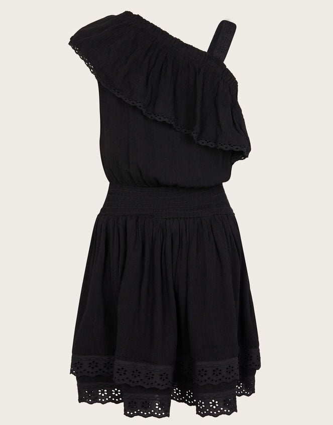 Asymmetrical Broderie Frill Dress, Black (BLACK), large