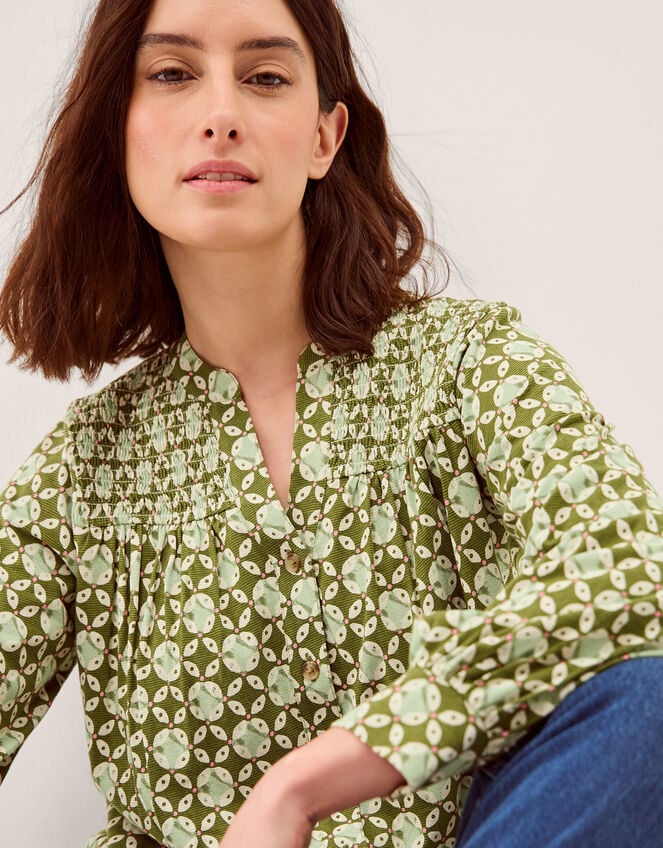 Kalani Geometric Jersey Blouse, Green (KHAKI), large