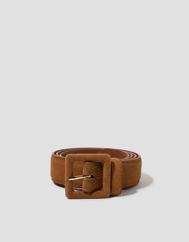 Square Buckle Suede Belt, Tan (TAN), large