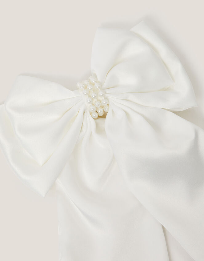 Long Pearl Satin Bow Hair Clip, Ivory (IVORY), large