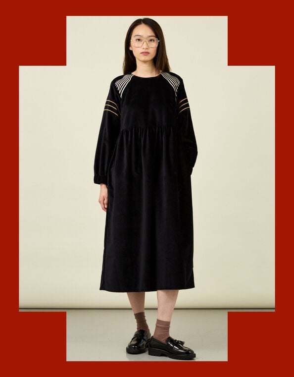 Tallulah and Hope Embroidered Velvet Midi Dress, Black (BLACK), large