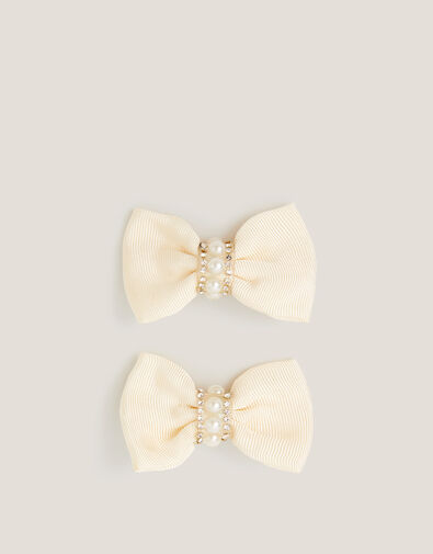 2-Pack Pearl Embellished Bow Hair Clips, Ivory (IVORY), large