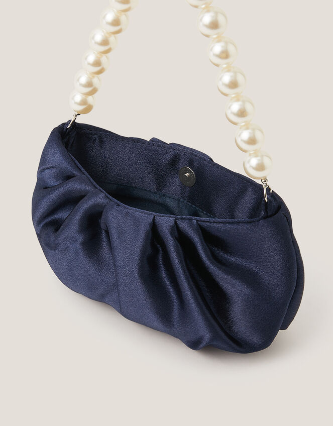 Pearl Strap Satin Party Bag, Blue (NAVY), large