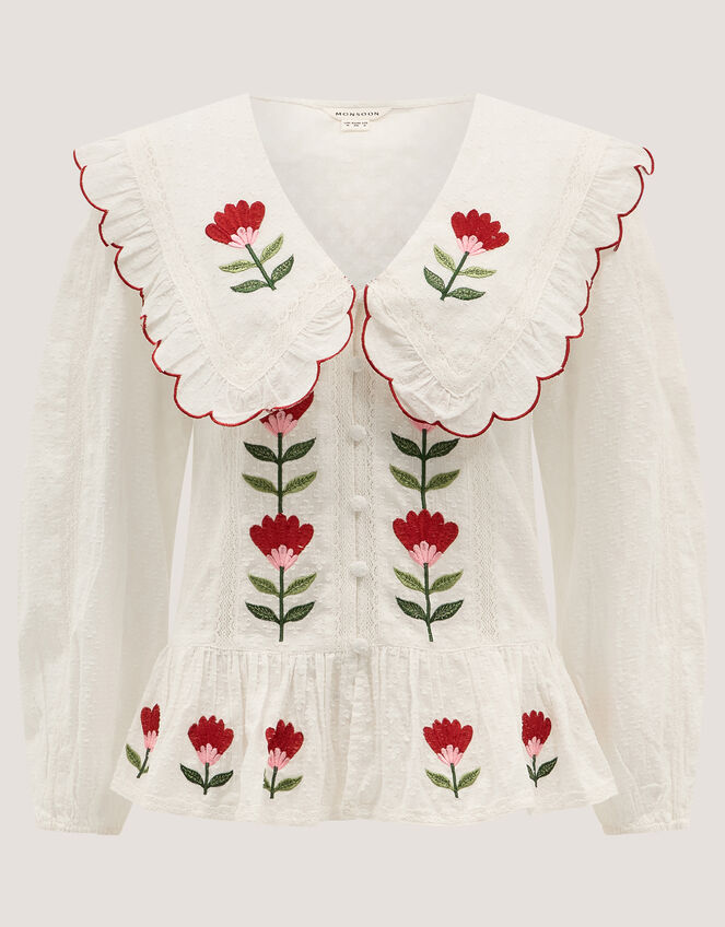 Talia Tulip Embroidered Scallop Collar Top, White (WHITE), large