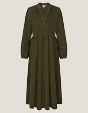 Zola Ric Rac Corduroy Midi Dress, Green (KHAKI), large