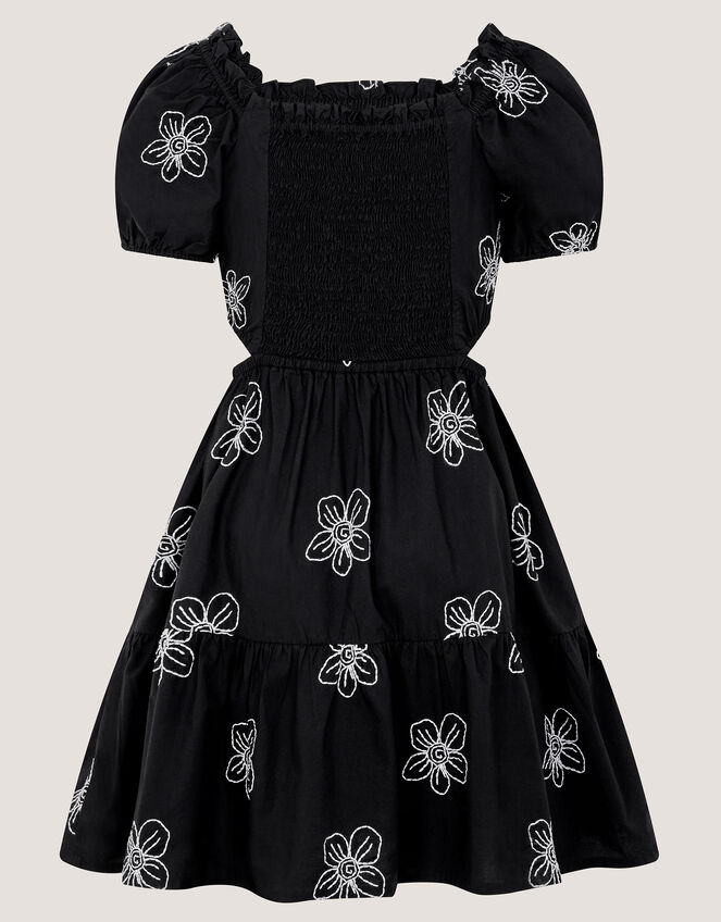 Puff Sleeve Floral Embroidered Dress, Black (BLACK), large