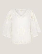 Lena Sheer Embroidered Angel Sleeve Top, White (WHITE), large