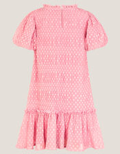 Polka Dot Textured Puff Sleeve Dress, Pink (PINK), large