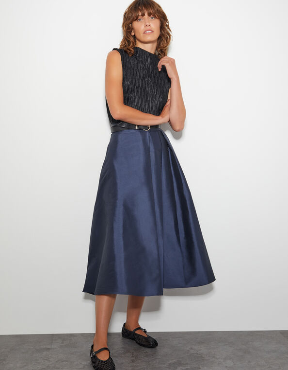 Tanya Taffeta Pleated Midi Skirt, Blue (NAVY), large