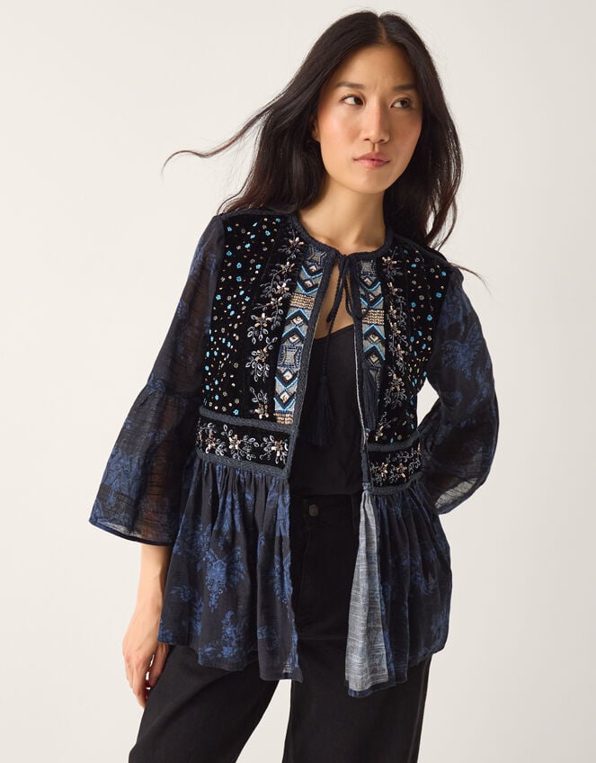 Kelly Hand-Beaded Paisley Velvet Jacket, Blue (MIDNIGHT), large