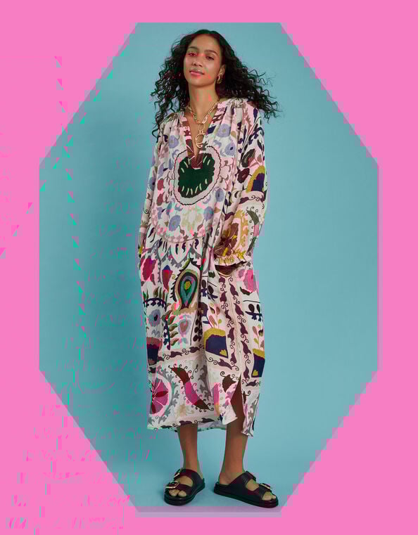 One Hundred Stars Suzani Long Sleeve Print Midi Dress, Multi (MULTI), large