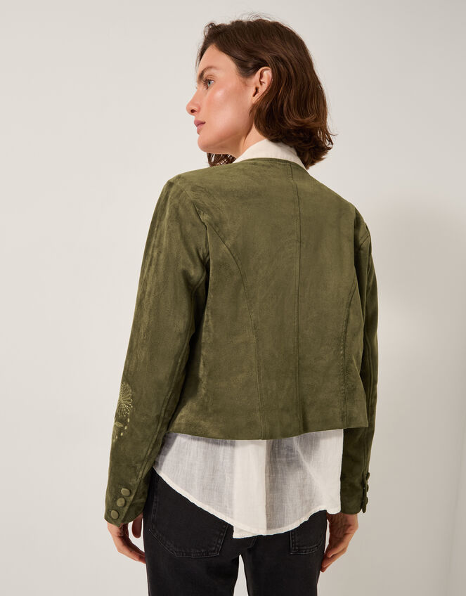 Ari Embroidered Suedette Jacket, Green (KHAKI), large