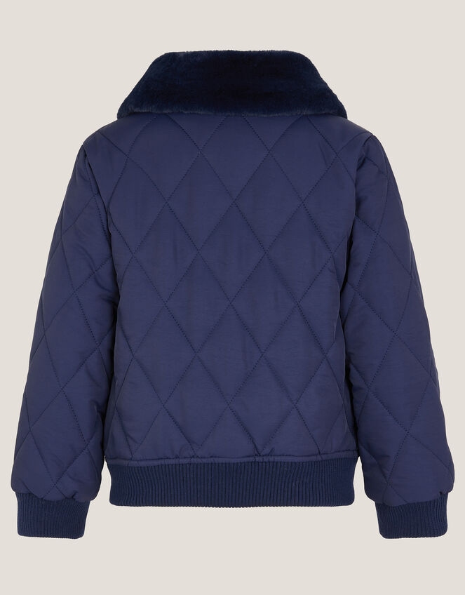 Faux Fur Collar Quilted Bomber Jacket, Blue (NAVY), large