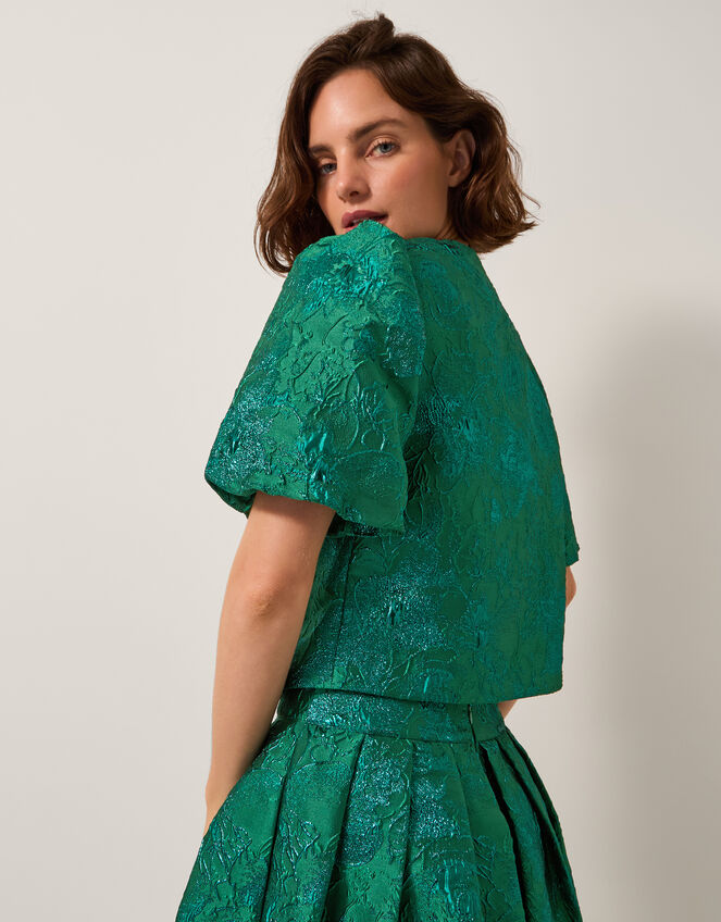 Jolene Floral Jacquard Puff Sleeve Jacket, Green (GREEN), large