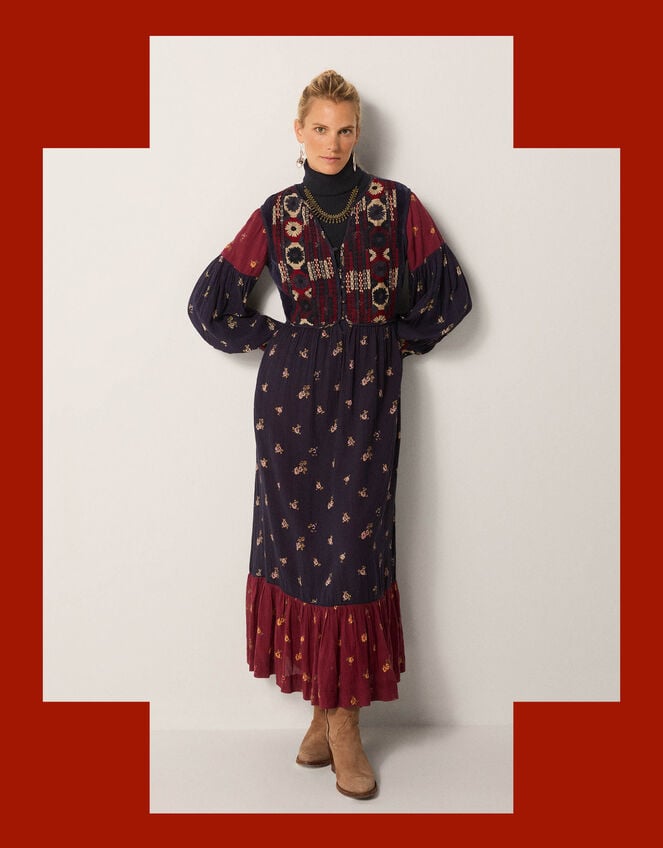 Maison Hotel Ginevra Embroidered Floral Print Midi Dress, Blue (BLUE), large