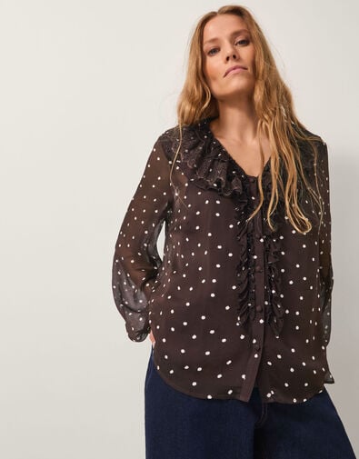 Mackie Sheer Polka Dot Ruffle Blouse, Brown (CHOCOLATE), large