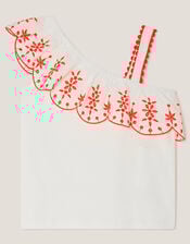 Embroidered Frill One Shoulder Top, Cream (CREAM), large