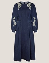 Eileen Embroidered Denim Midi Dress, Blue (INDIGO), large