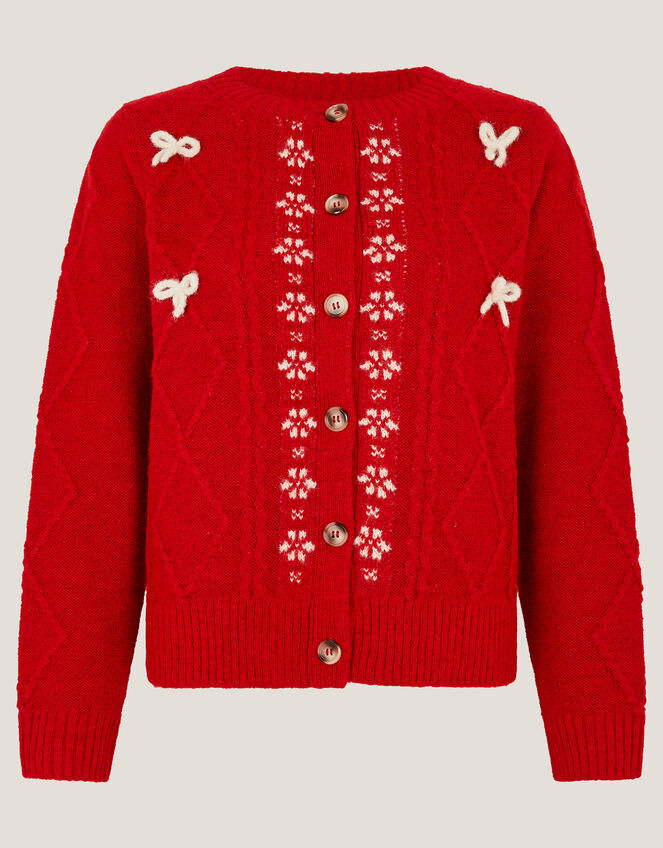 Evie Bow Cable Knit Cardigan, Red (RED), large