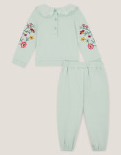 Baby Embroidered Floral Top & Jogger Set, Green (GREEN), large