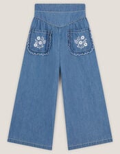 Embroidered Pocket Chambray Trousers, Blue (BLUE), large