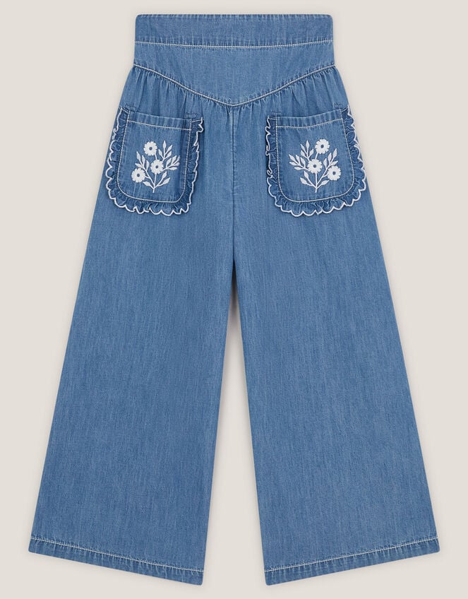 Embroidered Pocket Chambray Trousers, Blue (BLUE), large