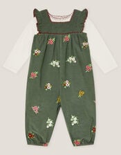 Long Sleeve Top & Floral Corduroy Dungarees Set, Green (GREEN), large