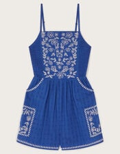 Floral Embroidered Strappy Playsuit, Blue (BLUE), large