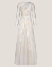 Milena Long Sleeve Floral Embroidered Mesh Wedding Dress, Ivory (IVORY), large