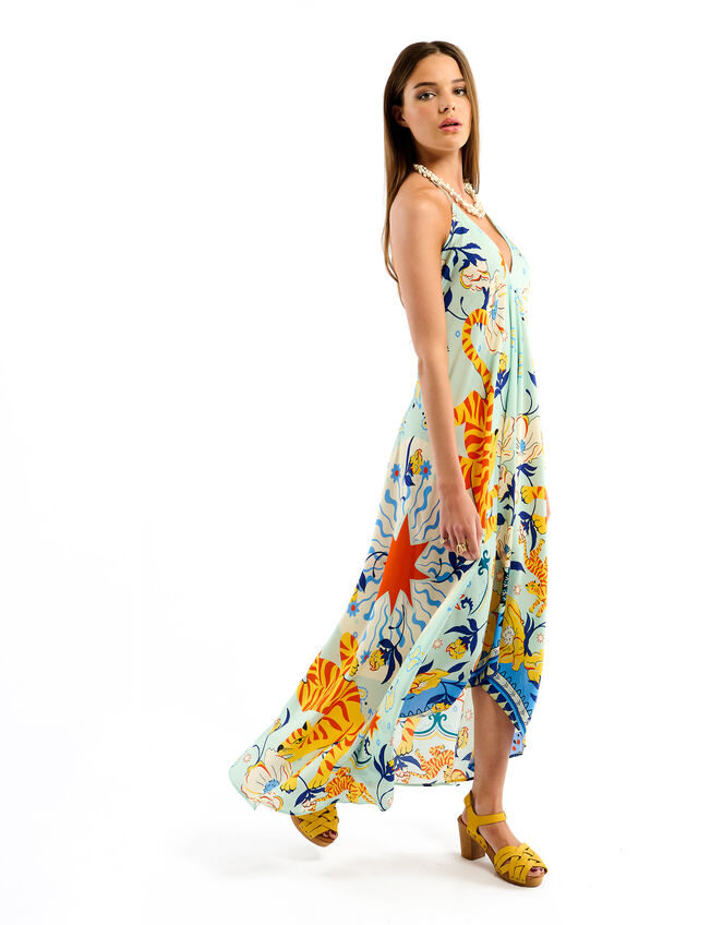 Wild Voila Tiger Print Backless Maxi Dress , Blue (BLUE), large