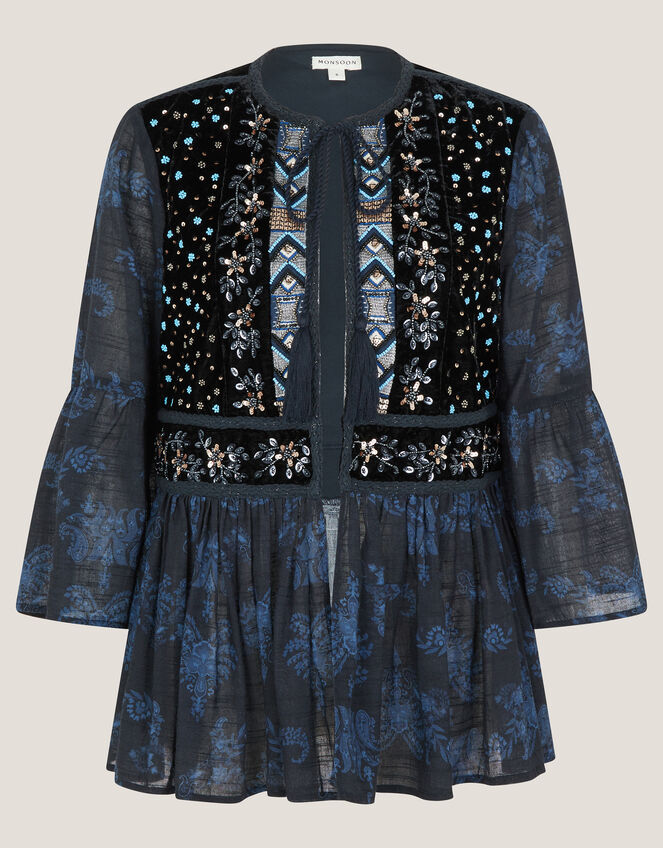 Kelly Hand-Beaded Paisley Velvet Jacket, Blue (MIDNIGHT), large