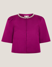 Saira Embellished Short Sleeve Satin Jacket, Pink (MAGENTA), large