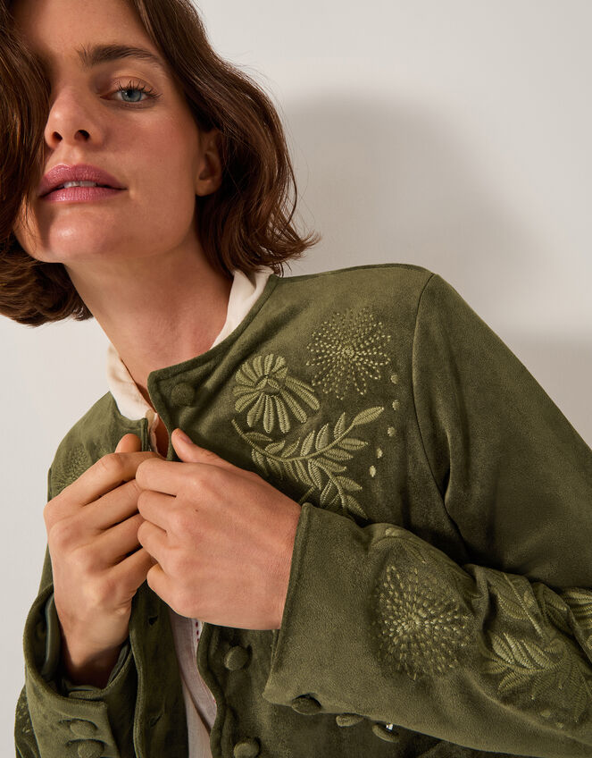 Ari Embroidered Suedette Jacket, Green (KHAKI), large