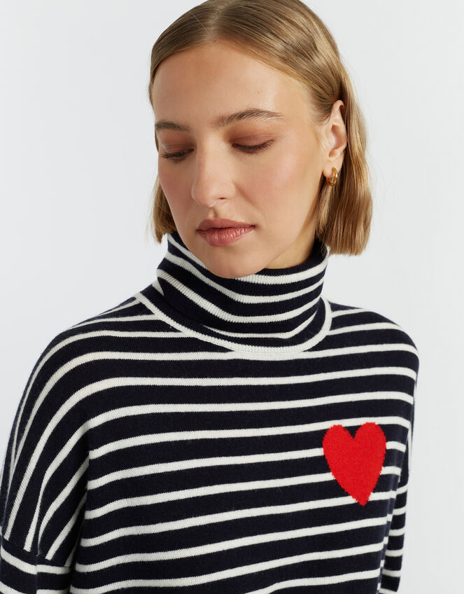 Chinti & Parker Heart Stripe Roll Neck Jumper, Blue (NAVY), large