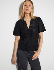 Brooke Short Sleeve Broderie Top , Black (BLACK), large