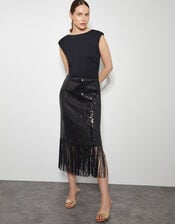 Shay Sequin Tassel Pencil Skirt, Black (BLACK), large