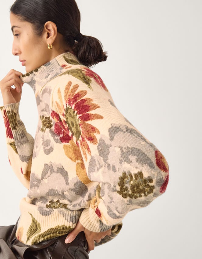 Olive Floral High Neck Jumper, Ivory (IVORY), large