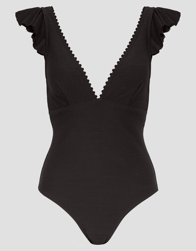 Kaylie Plunge Ruffle Swimsuit, Black (BLACK), large