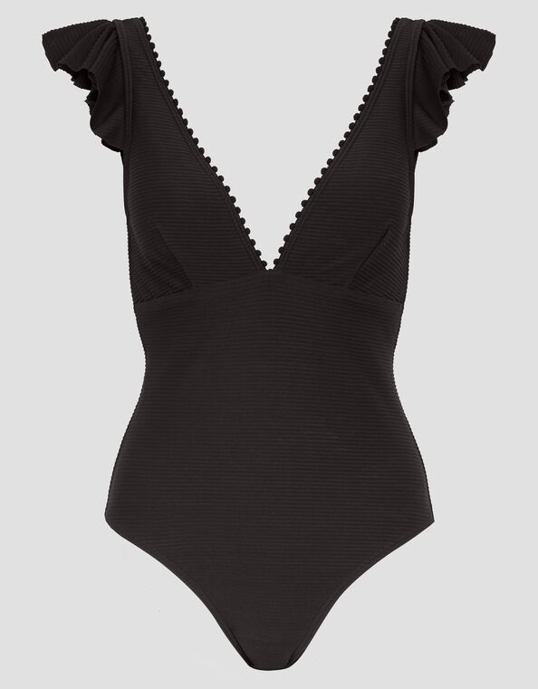 Kaylie Plunge Ruffle Swimsuit, Black (BLACK), large