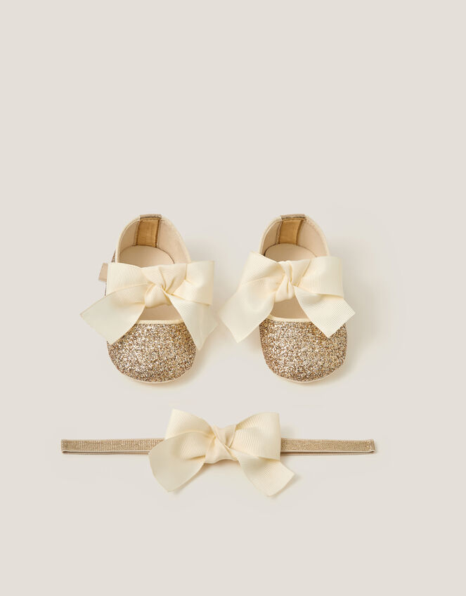 Baby Bow Glitter Headband & Booties Set, Gold (GOLD), large