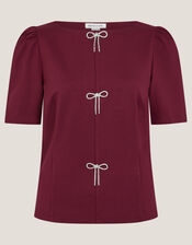 Brooke Diamanté Bow Ponte Top, Red (BURGUNDY), large