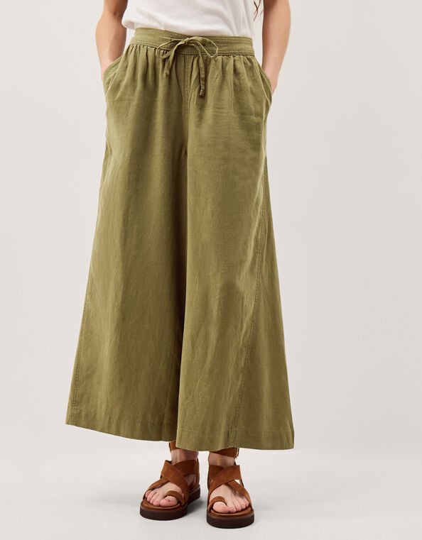 Maisie Linen Blend Cropped Wide Leg Trousers, Green (KHAKI), large