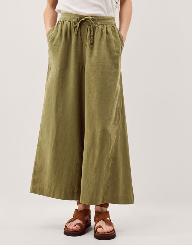 Maisie Linen Blend Cropped Wide Leg Trousers, Green (KHAKI), large