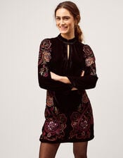 Faye Floral Velvet Mini Tunic Dress, Black (BLACK), large