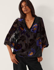 Giselle Floral Devoré Top, Blue (MIDNIGHT), large