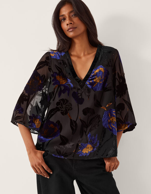 Giselle Floral Devoré Top, Blue (MIDNIGHT), large
