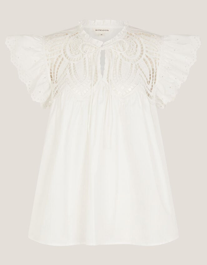 Zadie Broderie Frill Top, White (WHITE), large