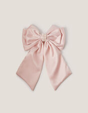 Long Pearl Satin Bow Hair Clip, Pink (PALE PINK), large